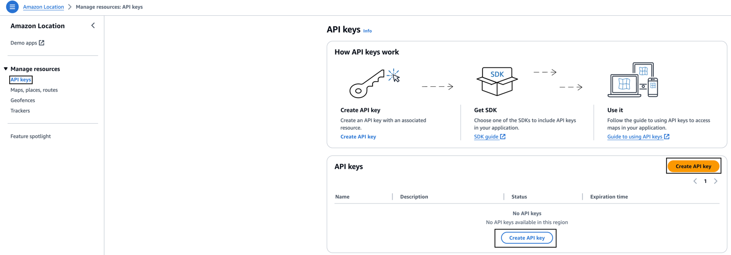 Image showing the HAQM Location Service console, specifically API Key actions such as Create API Key. The Create API key buttons have squares around them to alert readers to their location within the image.