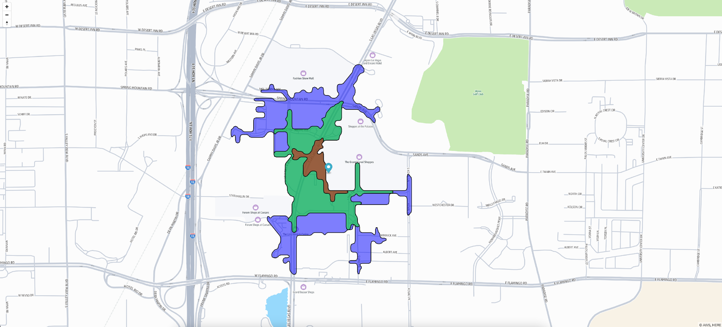 Image showing walking distances using the CalculateIsolines API from the Venetian resort in 5, 10, and 15 minute intervals. Five minutes is represented in brown, 10 in green and 15 in purple.