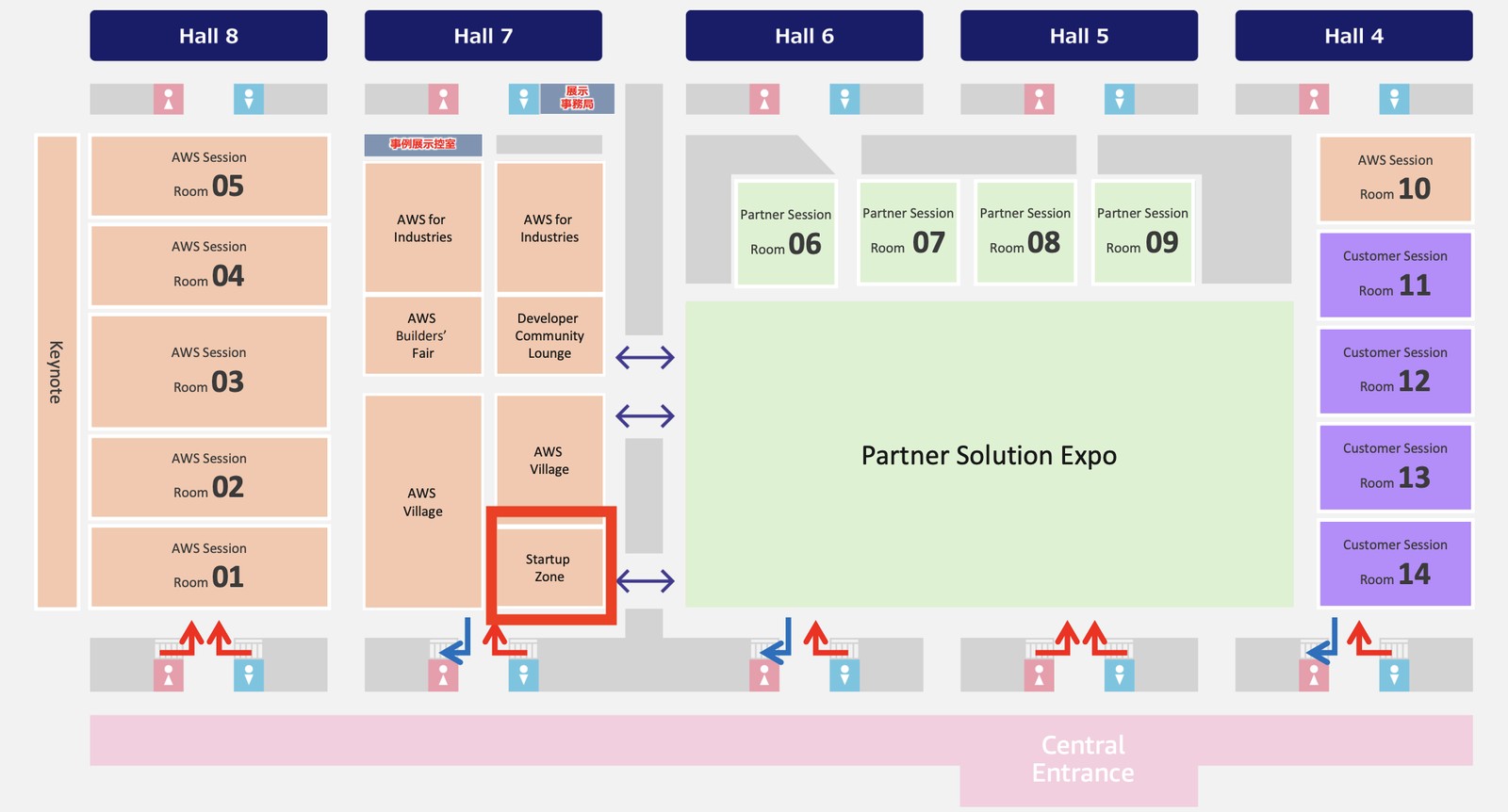 会場フロアマップ。Hall 7 の AWS Village 隣に Startup Zone（赤枠）