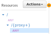 Screenshot of API Gateway console showing Proxy path with ANY method