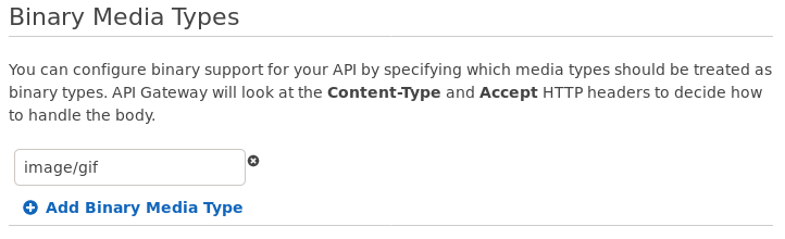 Screenshot of API Gateway console showing a Binary Media Type of image/gif