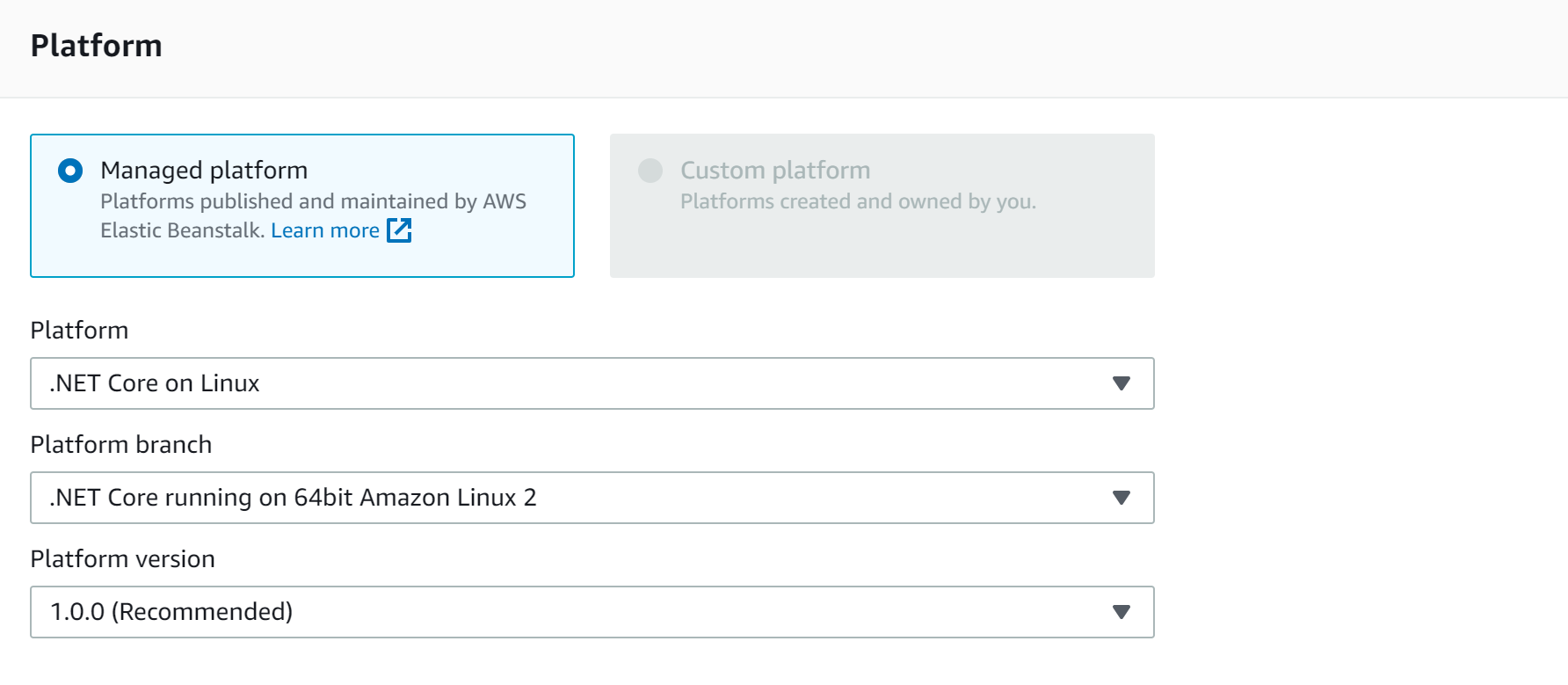 AWS console platform selector