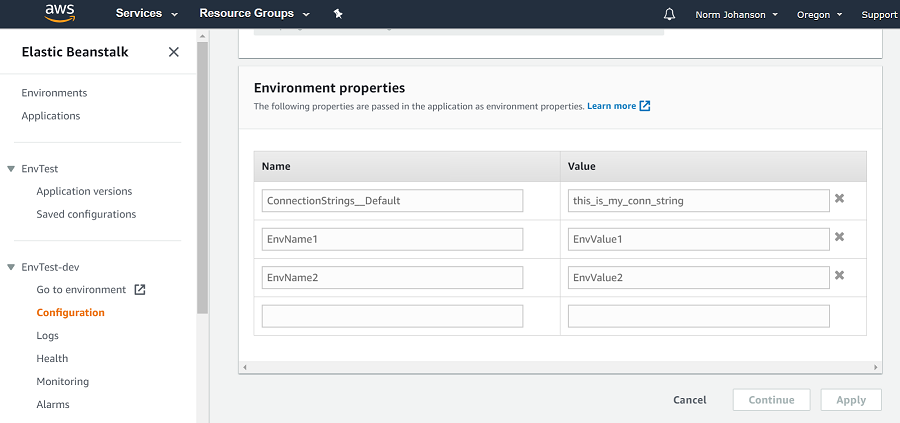 Elastic Beanstalk console environment properties