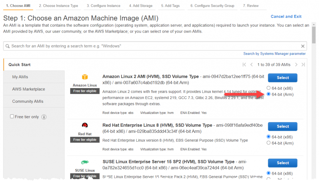 Amazon Machine Image 64-bit (Arm) selection