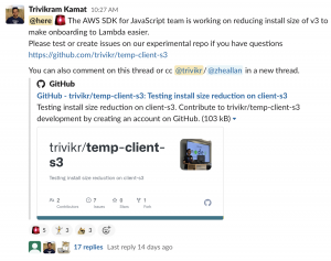 Announcement of the AWS SDK for JavaScript team working on reducing install size of v3 on internal javascript interest slack channel