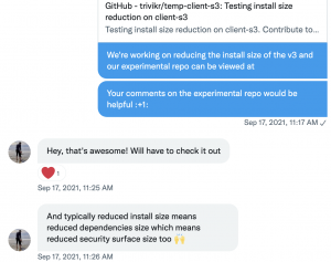 Screenshot of Twitter direct messages with AWS Serverless Hero Michael Hart discussing reduced install size