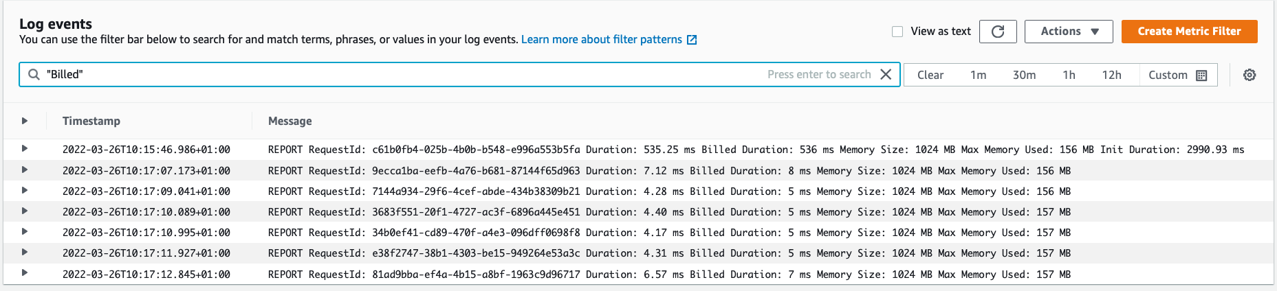 Shows CloudWatch report with Billed duration of 536 ms on the first invocation and between 4.17 ms and 7.12 ms on the next six invocations. Also shown is that each invocation used the same Max 1024 MB of Heap and used 157 MB.