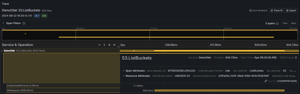 S3.ListBuckets request trace from Grafana