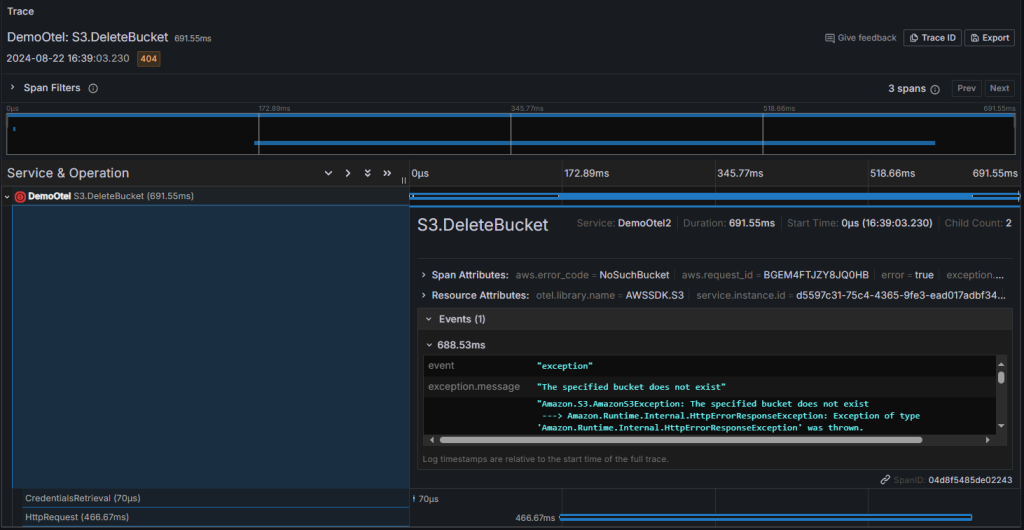 S3.DeleteBucket request trace from Grafana