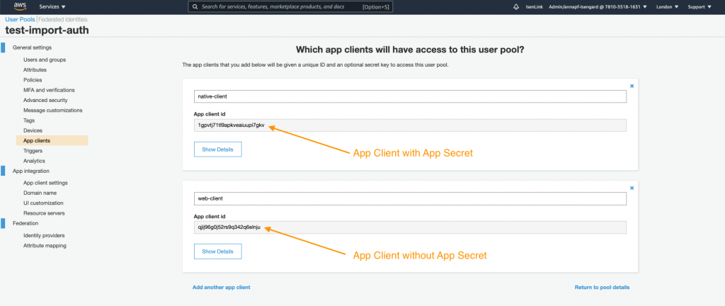 Screenshot of Cognito User Pool console's app clients page