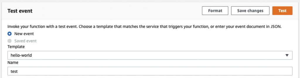 AWS Lambda console's test event screenshot