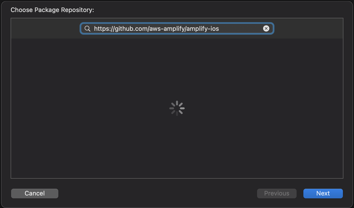 Entering the Amplify iOS GitHub Repo URL into the Swift Package search bar
