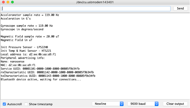 Arduino IDE serial monitor showing output of Arduino Nano waiting to accept Bluetooth Low Energy connections