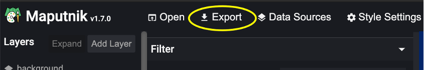 The Export link in the Maputnik navigation bar.