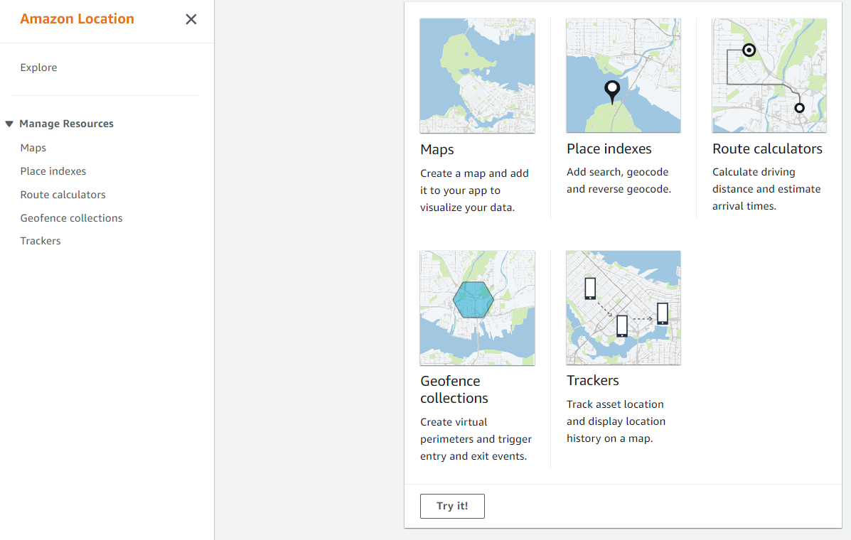 Amazon Location Service console