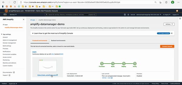 The amplifyapp URL will open a new tab in your browser window. Switch back from the Amplify app to your console to continue the process.