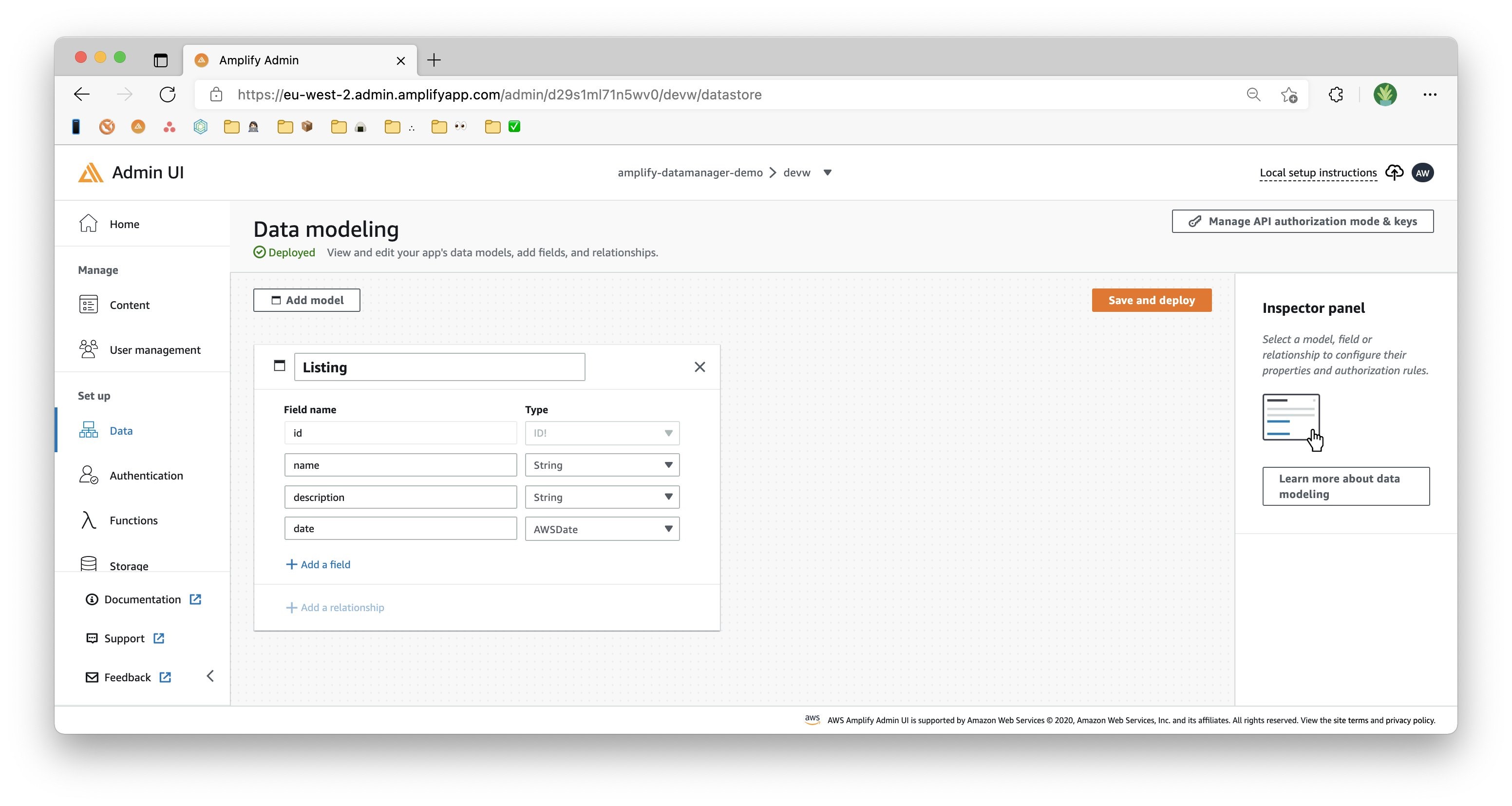 Your data model should be titled “Listing” and contain the following fields (in the format field name - type): id - ID (disabled), name - String, description - String, date - AWSDate.