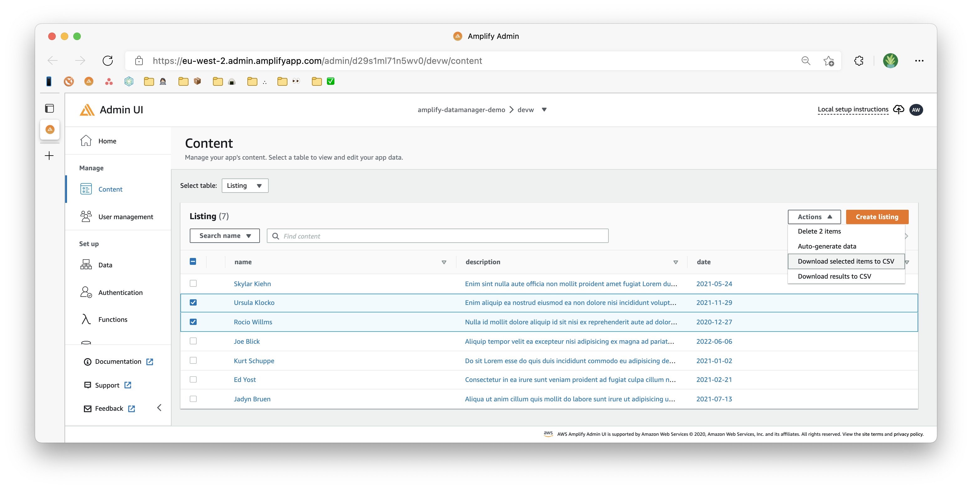 Selecting the Actions dropdown reveals the following options: Delete, Auto-generate data, Download selected items to CSV, and Download results to CSV.