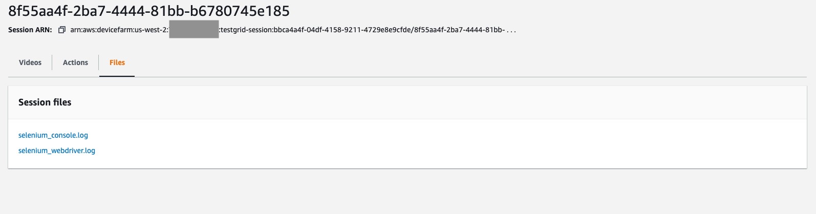 Console and webdriver logs from the session are seen under the Files tab in the session detail page of the AWS Device Farm console