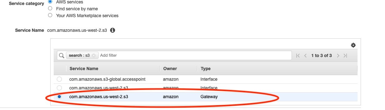 In the Create Endpoint page in VPC console, the option of AWS Services is selected as Service Category. After that, Amazon S3 and Gateway are selected as the Service Name and Type respectively.