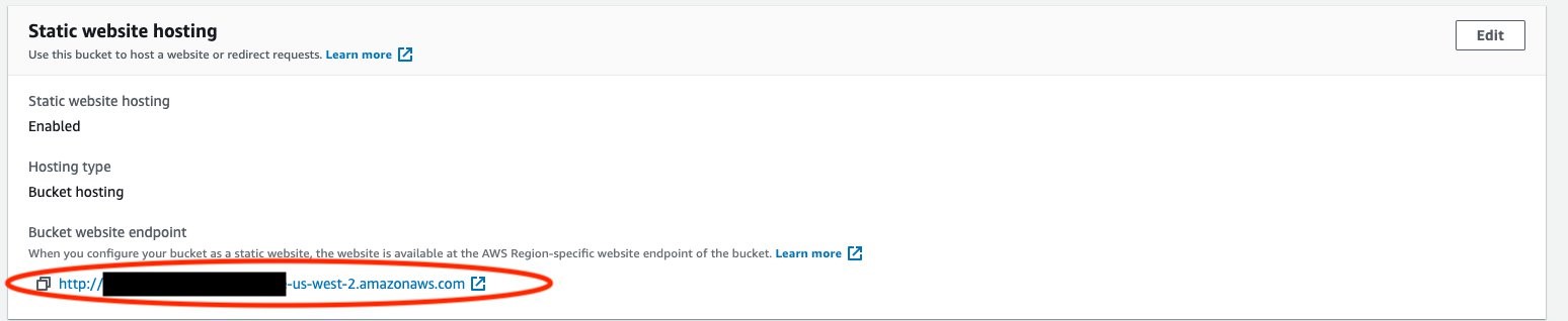 The URL of the website is displayed under the Static website hosting section of the S3 bucket properties page