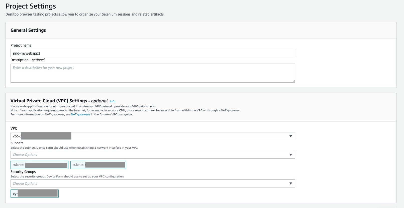 In the AWS Device Farm project settings page, a VPC, a private subnet, and a security group are selected from the dropdown.