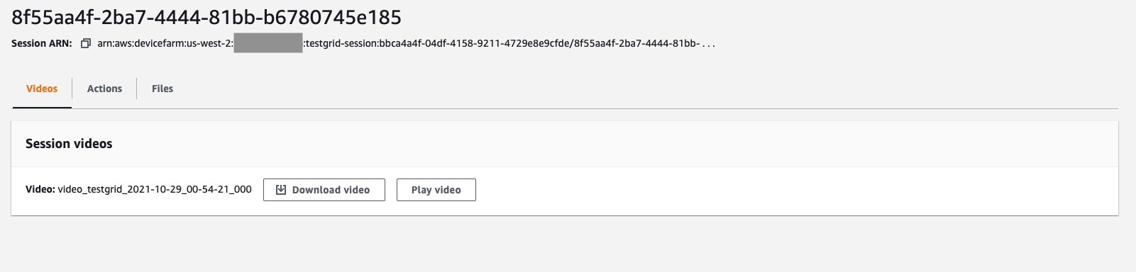 Video from the session is seen under the video tab in the session detail page of the AWS Device Farm console