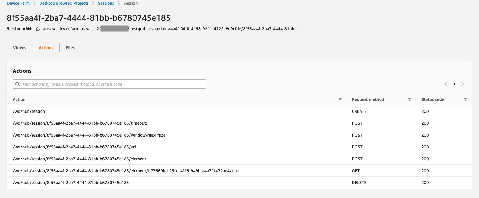 Action logs from the session are seen under the Actions tab in the session detail page of the AWS Device Farm console