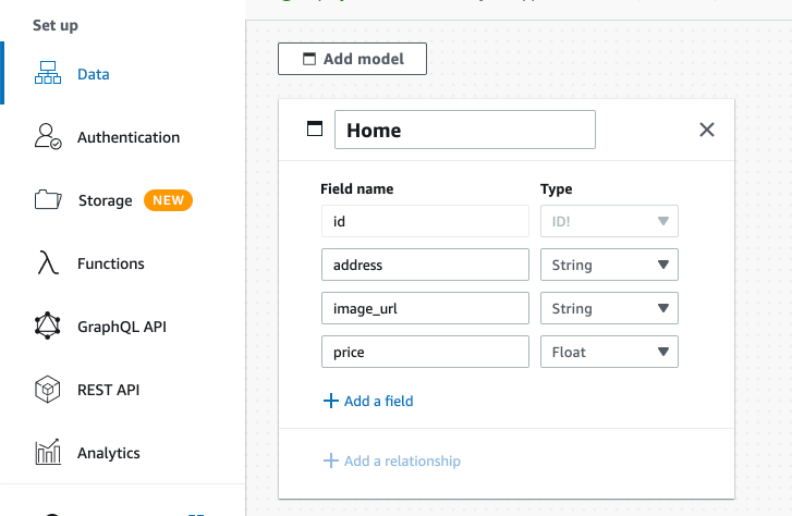 Screenshot of Amplify Studio data model