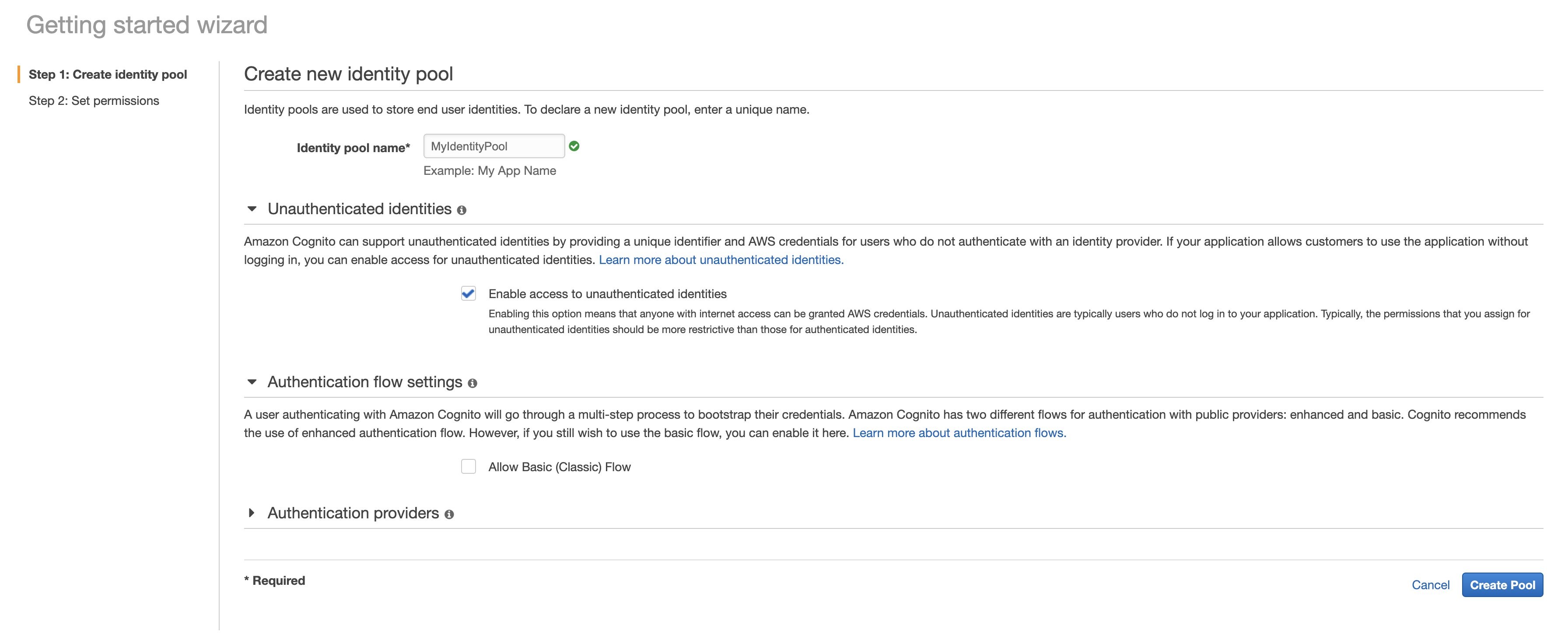 On the Getting started wizard of Amazon Cognito, under “Create new identity pool” (Step 1 of the process), the value “MyIdentityPool” is inserted on the Identity pool name field and the box of “Enable access to unauthenticated identities” is checked.