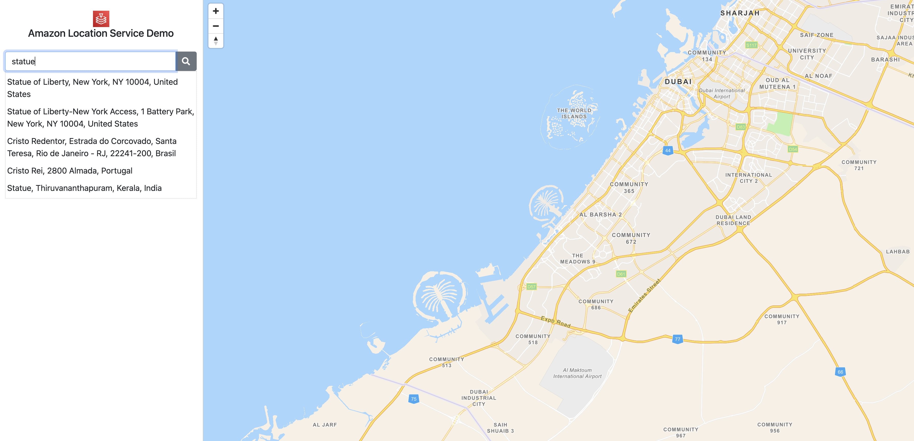 In an example interface of the application described in this post, we can see that the example with which we started off, looking for “statue” powered by the new API, the results are returned on the exact same way while on the center-right part of the screen there is a map which defaults to the wider Dubai area.