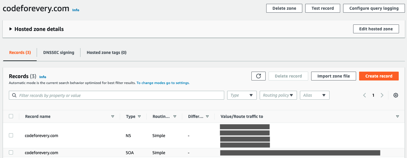The Route53 hosted zone details for codeforevery.com showing the records