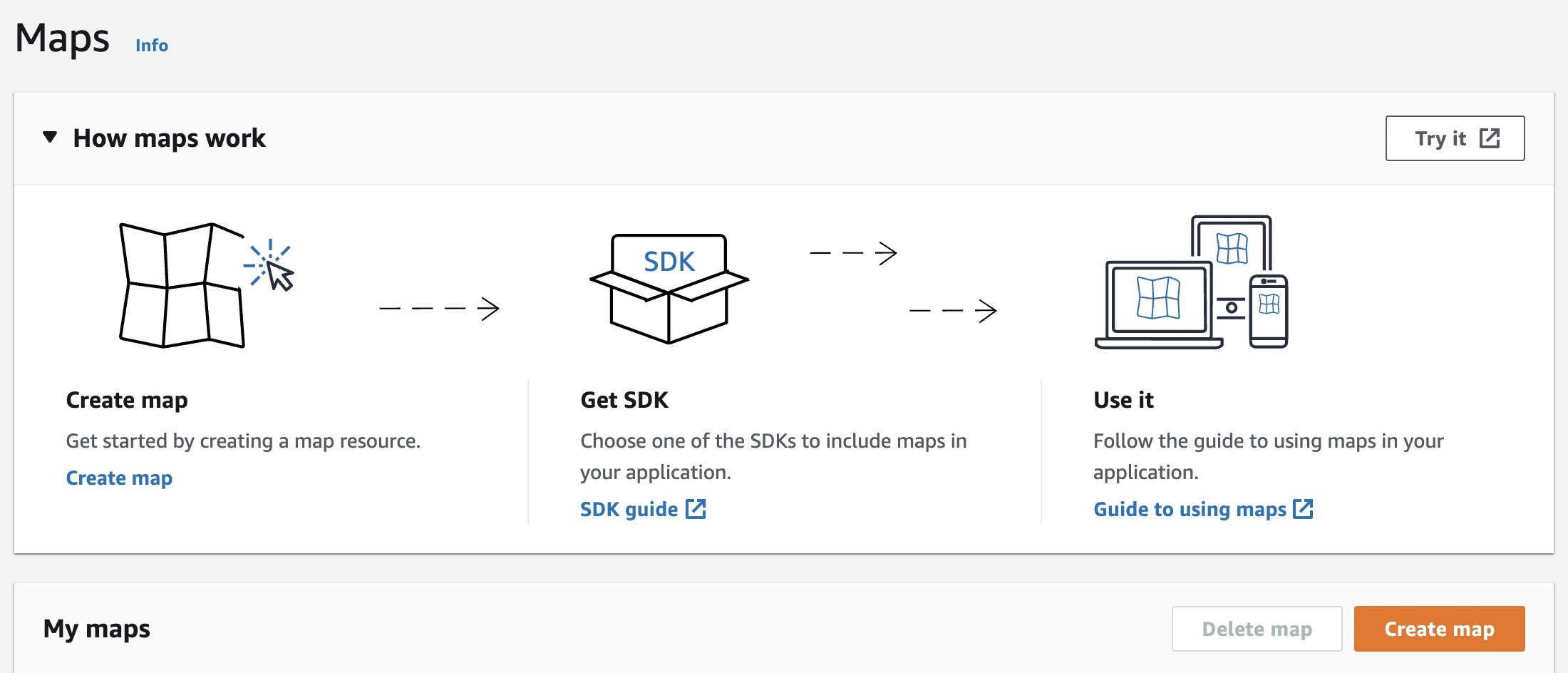 In the Maps section of the Amazon Location Service console, there is more information on how maps work as well as a button to create one, which is the one clicked here.