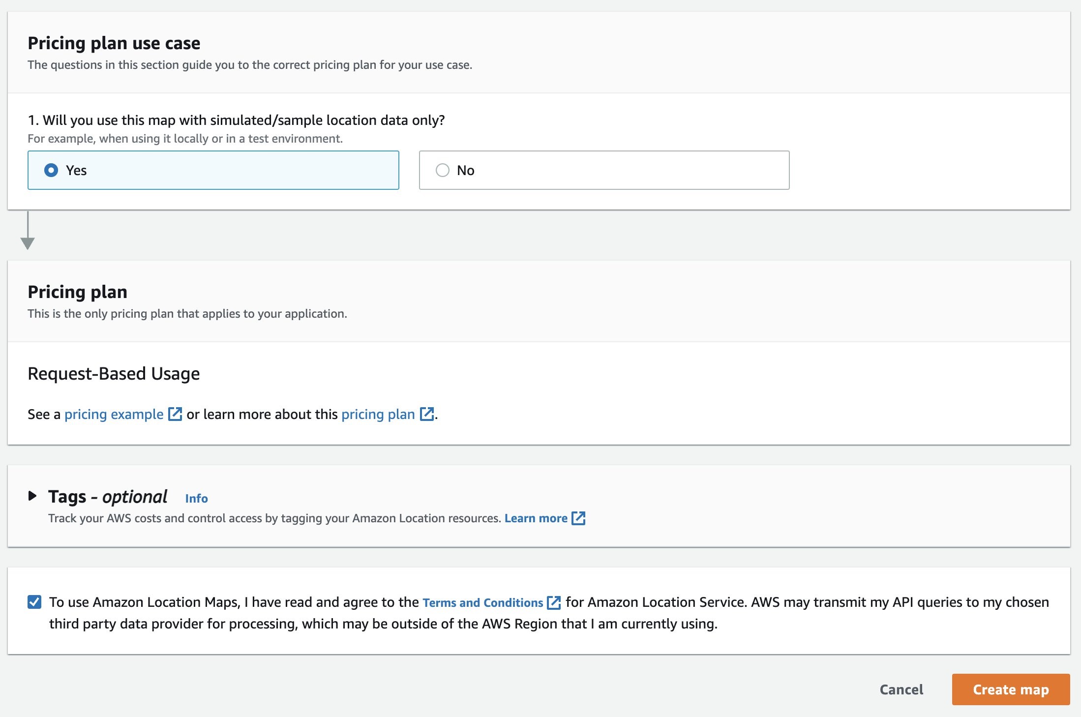Under Pricing plan use case, the answer to the question “1. Will you use this map with simulated/sample location data only?” is “Yes”, and the box indicating our agreement with the service’s Terms and Conditions is checked too.