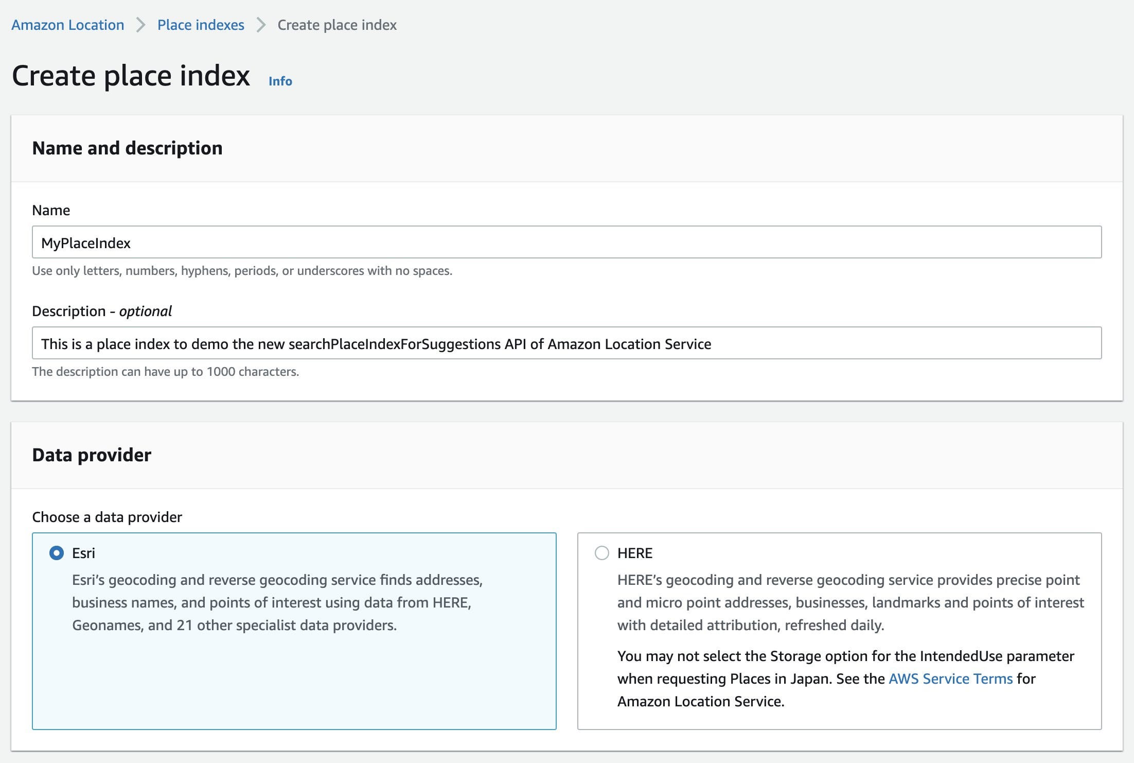 The place index creation form is populated with “MyPlaceIndex” as the value of the Name field, “This is a place index to demo the new searchPlaceIndexForSuggestions API of Amazon Location Service” as the one of the (optional) Decription field, and “Esri” as the preferred data provider to be used.