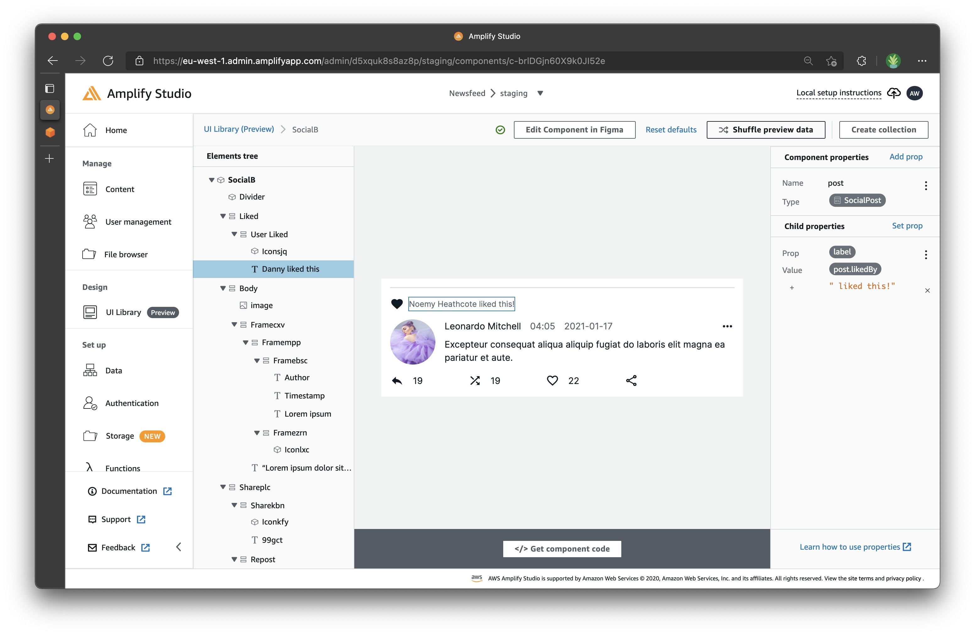 SocialB UI component configuration view.