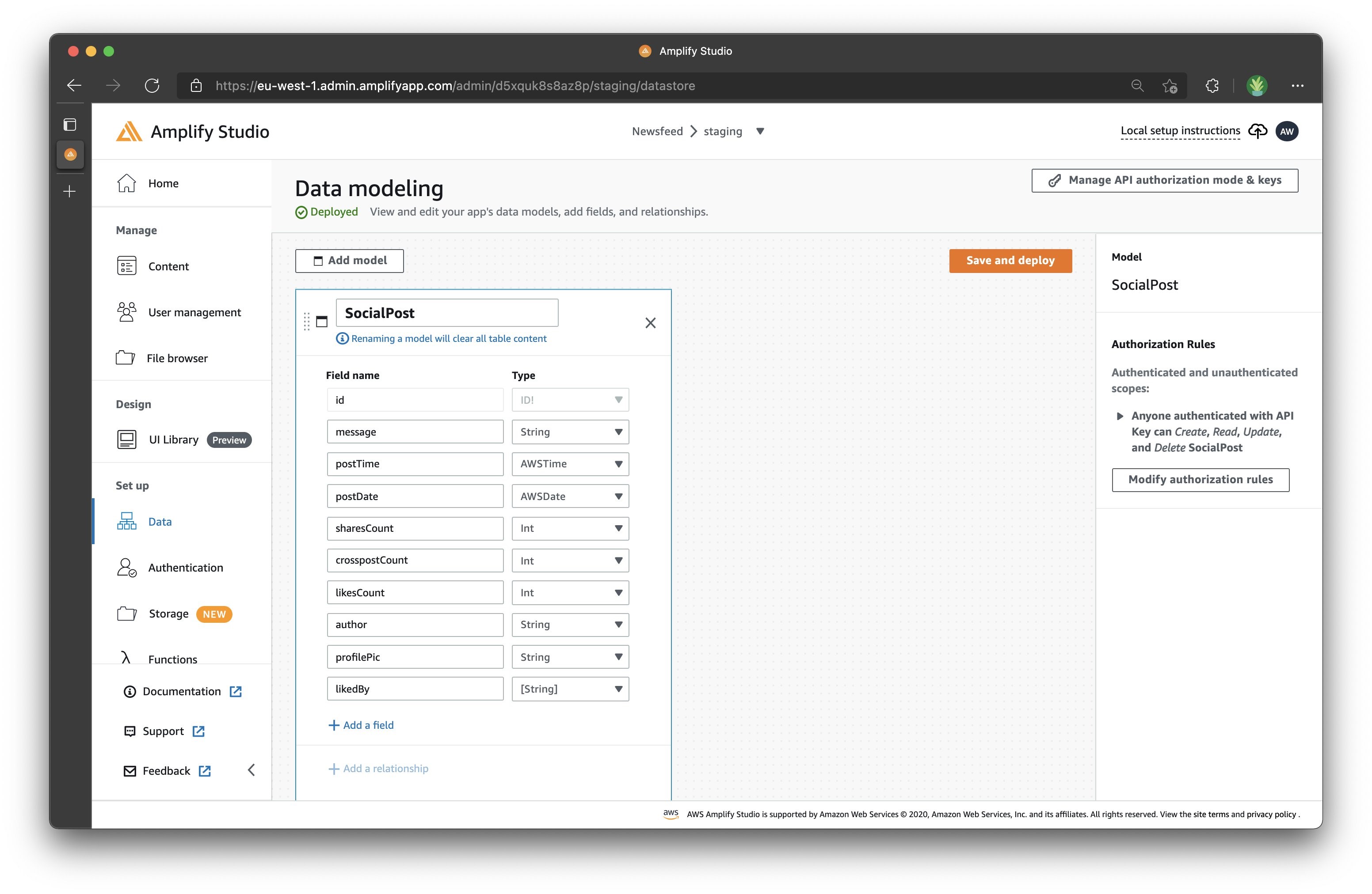 Studio’s Data modeling tab with the “SocialPost“ model created.