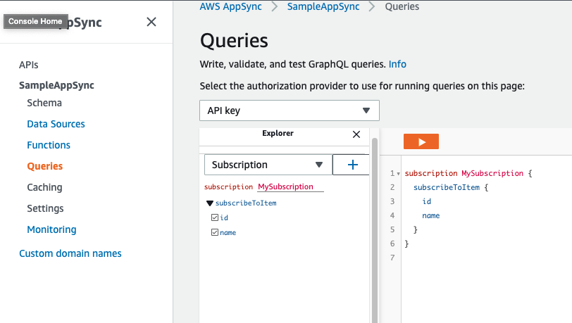 aws appsync subscribe via console