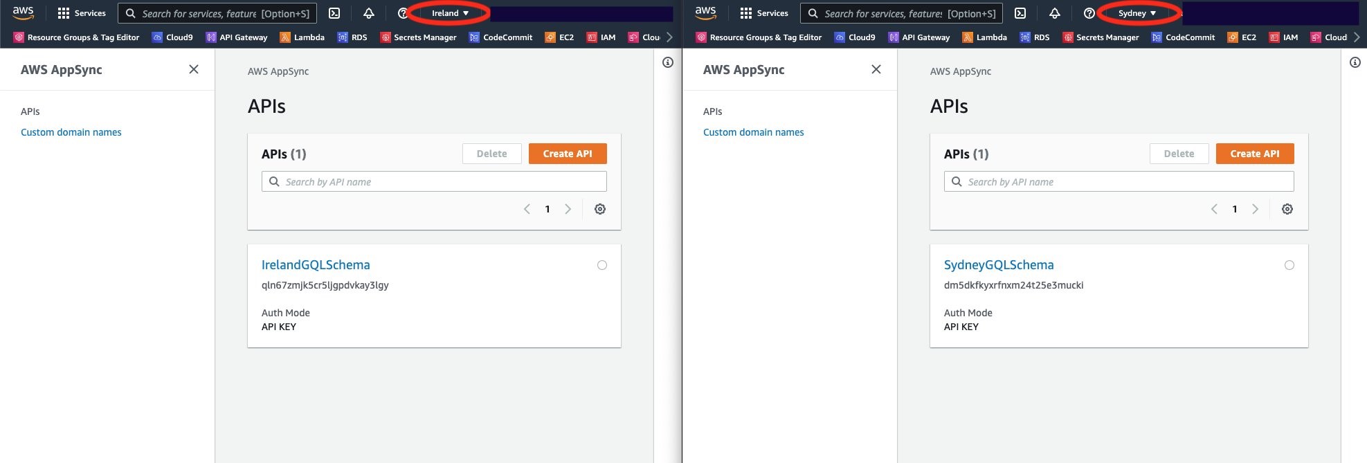 In both the Ireland and Sydney regions, the AWS AppSync console is open displaying the AppSync endpoints.