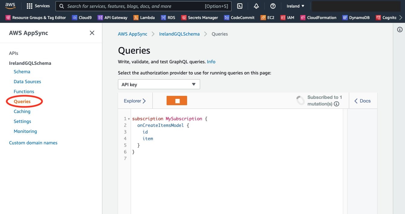 In the AWS AppSync console in the Ireland region, the Queries menu item is selected and the query to initiate a subscription is written in the query box.