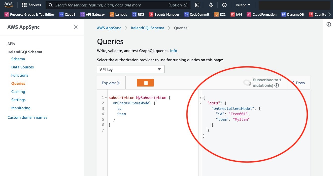  In the AWS AppSync console in the Ireland region, the query result box shows the data that was received through the subscription