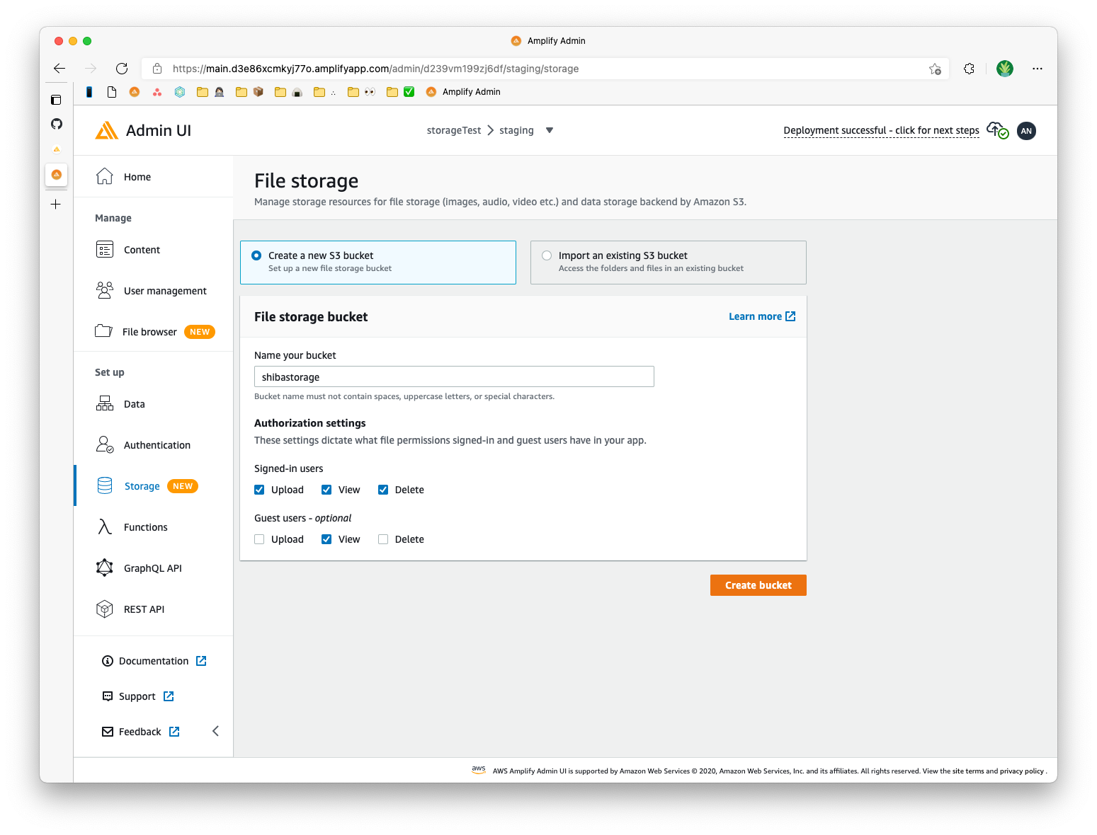 Example file storage deployment screen. File storage name is “shibastorage”. Under signed-in users, all fields are checked (Upload, view, delete). Under Guest users, View is checked.