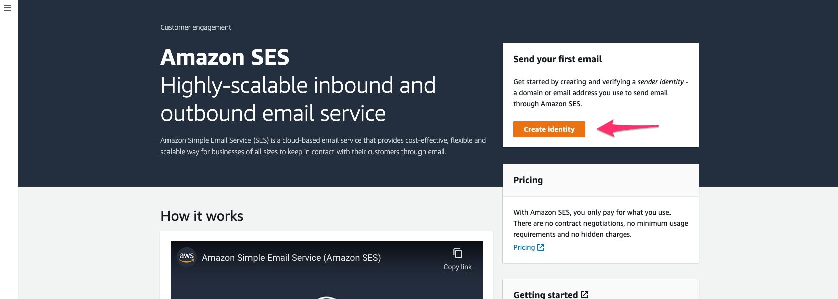 Open Amazon SES homepage and select Create Identity