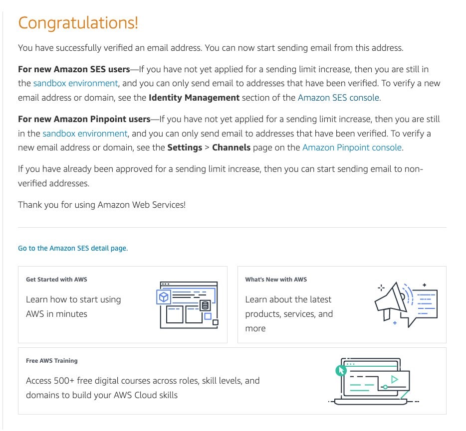 Amazon SES will display a congratulations screen to confirm verifying the identity