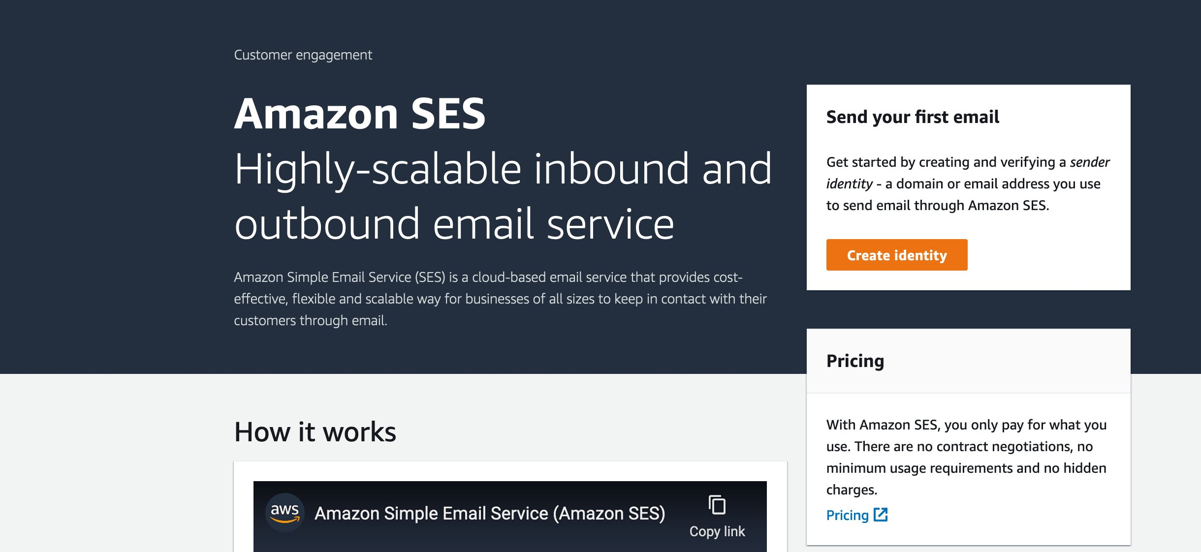 After logging in to your Amazon account, perform a search in the console for Amazon SES. Select Amazon SES in the search result. After, Amazon SES is selected, it will bring you to the Amazon SES homepage. On the Amazon SES homepage, select the orange button "create identity". This button is located on the upper right portion of the Amazon SES home screen.