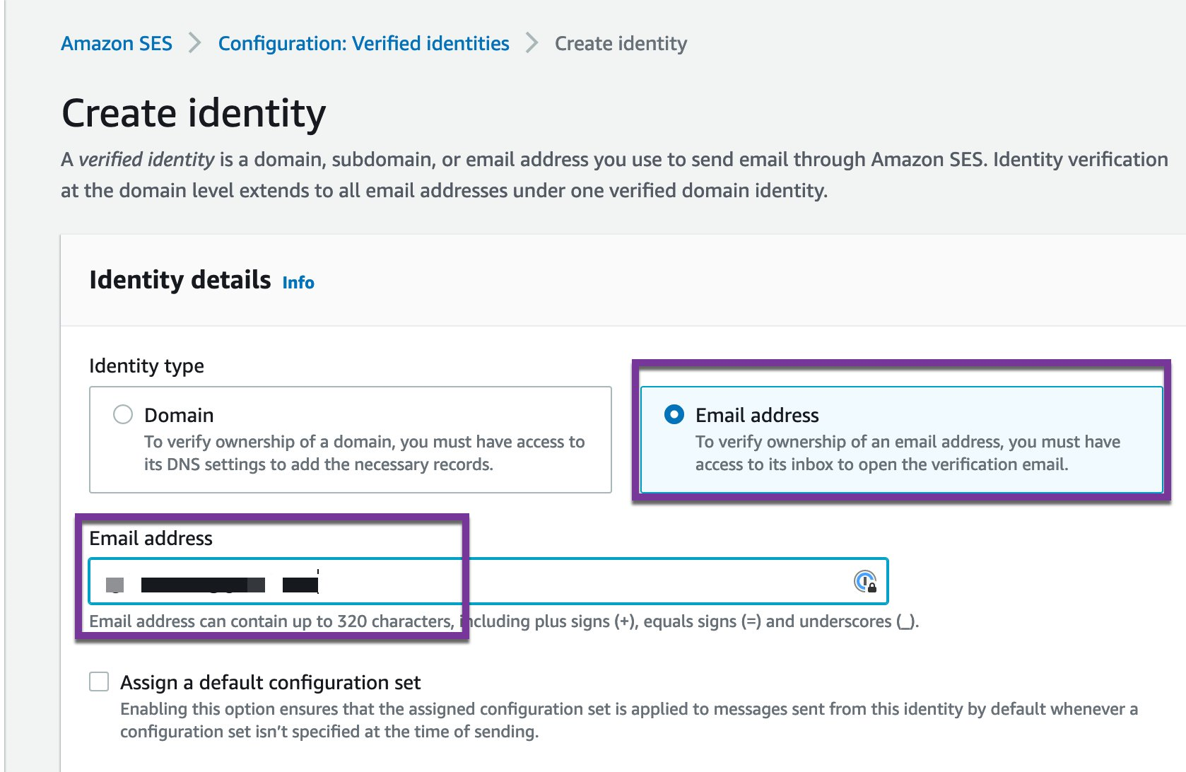 After you have selected the create identity page on the Amazon SES home page, you will be brought to the create identity page. On the upper left portion of the create identity page, select the radio button email address. Then, enter your email address in the text box entitled, "Email address" The email address text box is located below the email address selection. Finally, click the next button. The next button is located near the bottom of the screen. On the next screen, a notice will present itself to confirm that you created an Amazon SES identity but that the verification status is pending. This is your prompt to go to your email address and find an email from Amazon Web Services. In that email, click the URL provided in the email body to verify your identity.