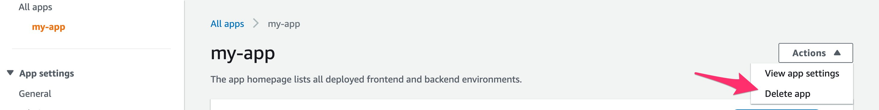 To delete AWS Amplify resources, Step 1, Open the AWS Amplify console, Step 2, Select the associated passwordless application, then in step 3, click the button actions. This button is located in the upper right portion of the page. From the drop down menu that appears, select the option delete application.