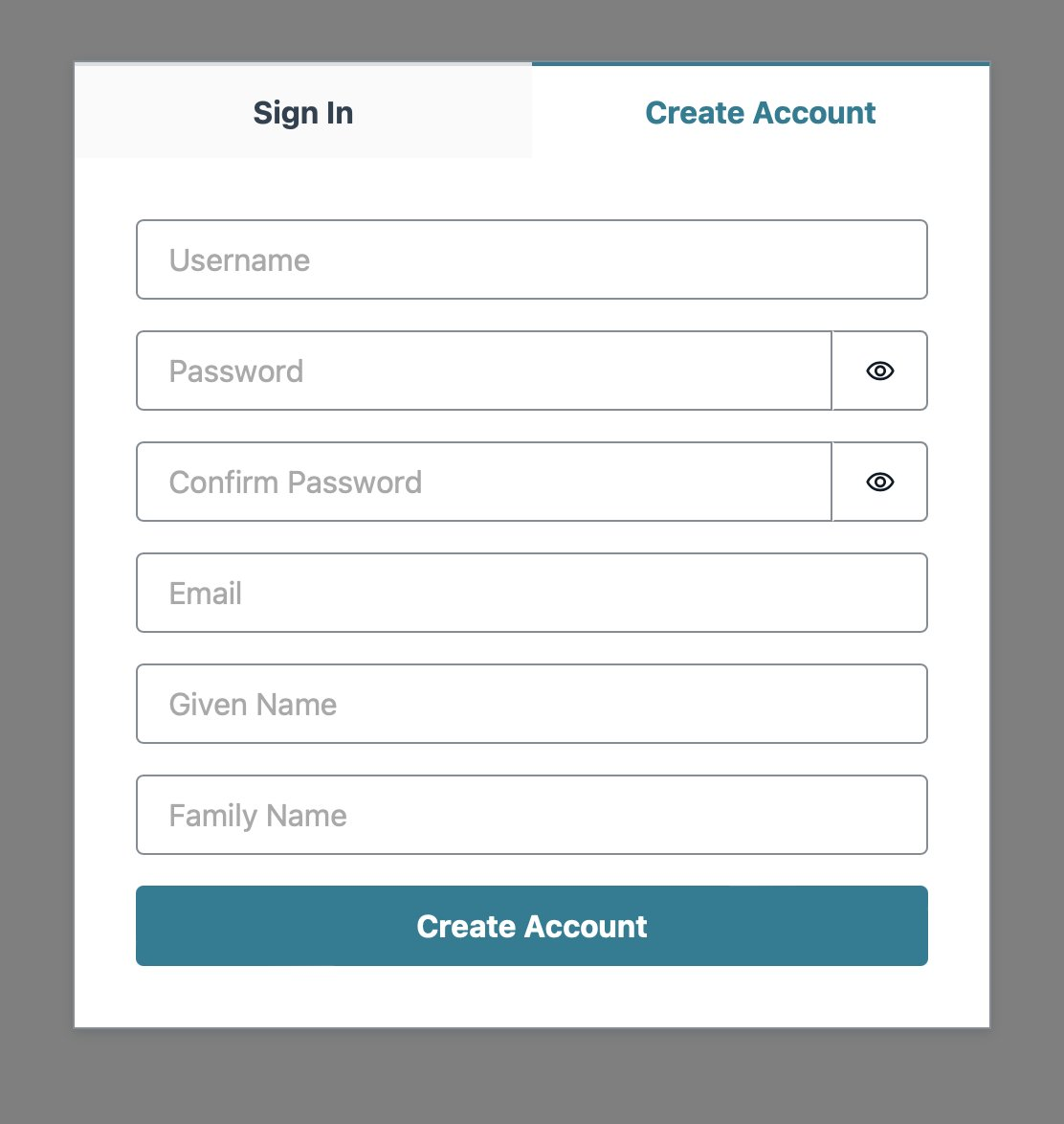 image 3 caption: Amplify create account screen