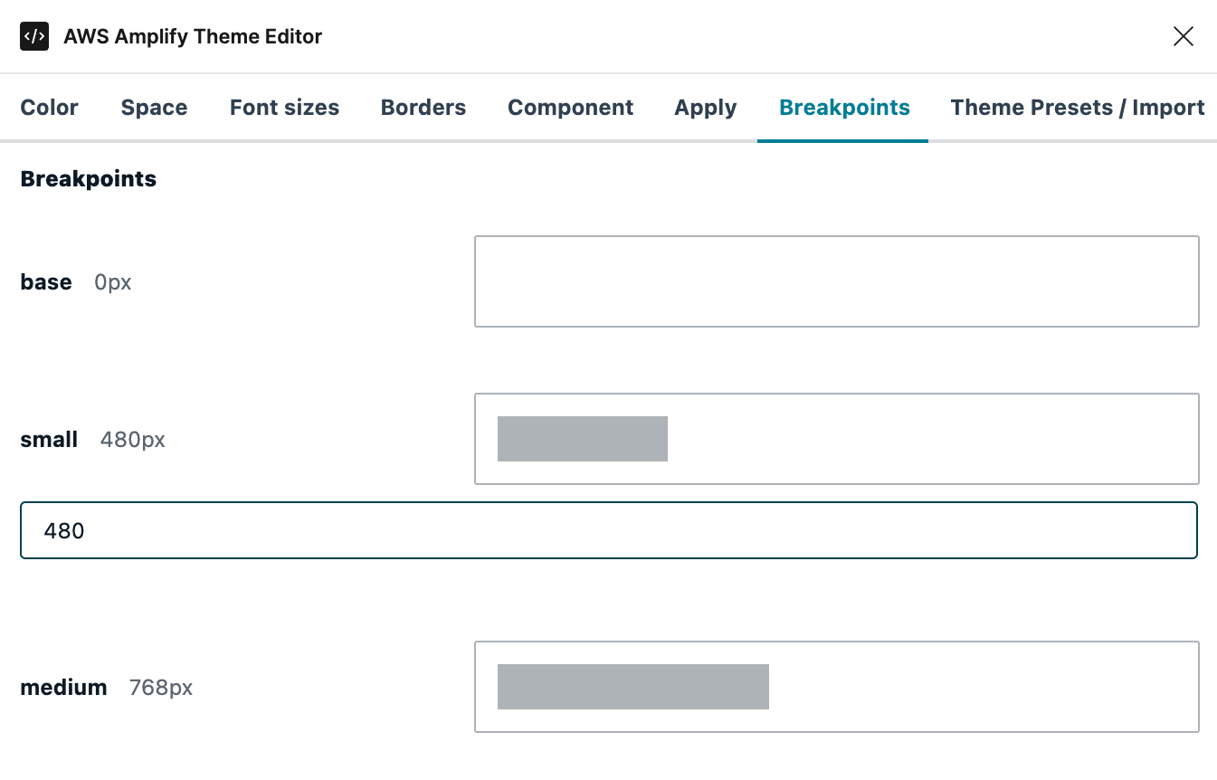 Amplify Theme Editor displaying the breakpoints section