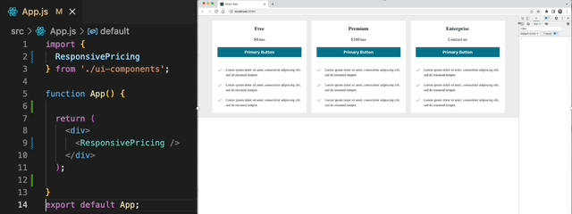 animation of a component responding to different screen sizes next to a screenshot of code